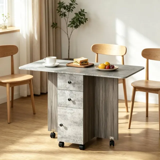 FloraGrace Eettafel - Opklapbaar En Uitschuifbaar Met Lades En Wielen - Modern Voor Woonkamer En Eethoek - Spaanplaat - Grijs - 120x60x76,5 Cm