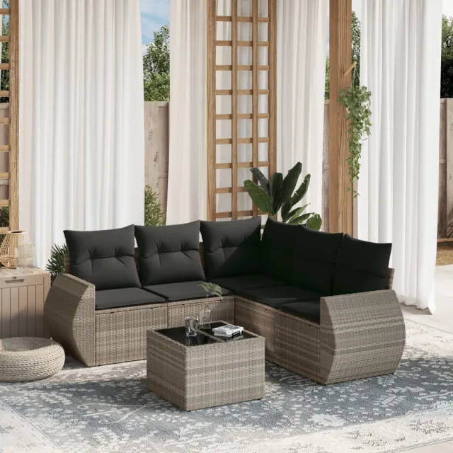 vidaXL 6-delige Loungeset met kussens poly rattan lichtgrijs grijs, foto 2