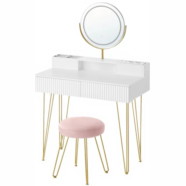 Songmics Kaptafel - Met krukje - Verlichting - Met stekkerdoos Wit