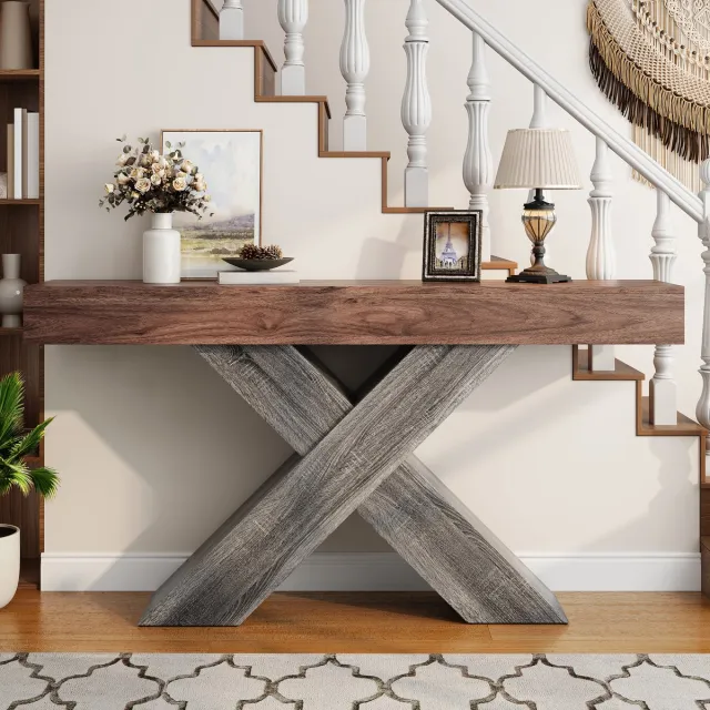 MIVRAY Consoletafel - Smal Model Met X-Vormige Steun - Voor Hal En Woonkamer - Spaanplaat In Walnootkleur - 140x30x80 Cm