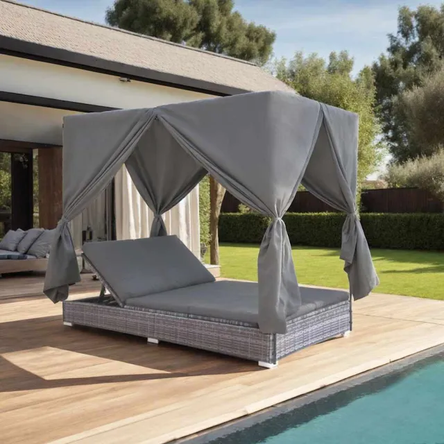vidaXL Loungebed met gordijnen poly rattan grijs, foto 2