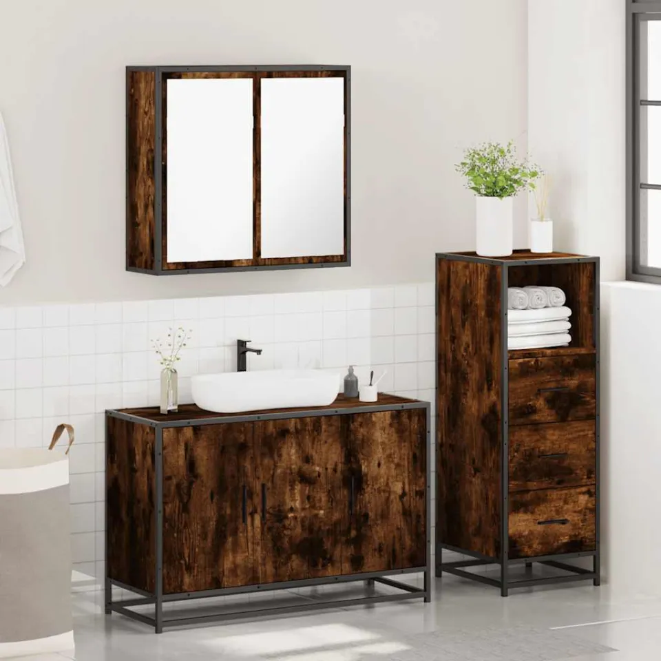 vidaXL 3-delige Badkamermeubelset bewerkt hout gerookt eikenkleurig, foto 4