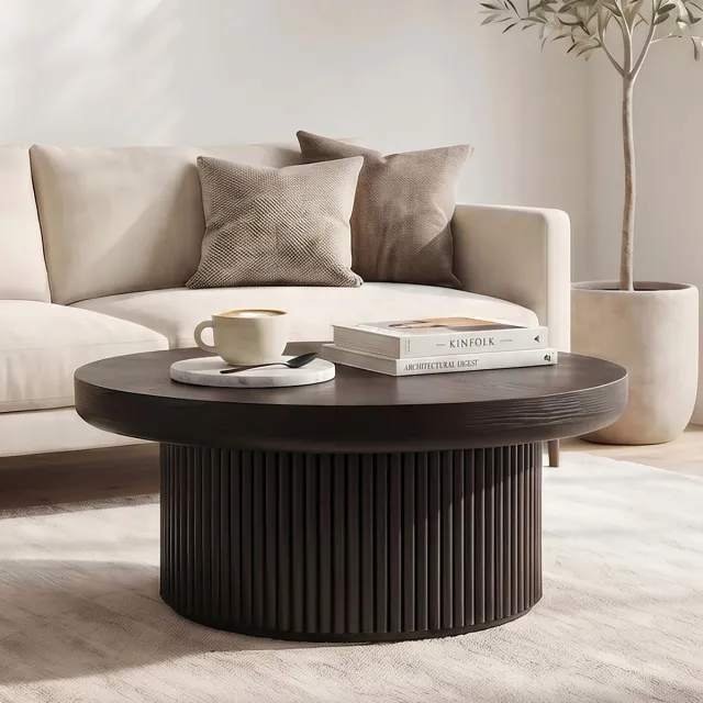 MODENUIT Salontafel - Ronde Tafel Met Fluted Cilindrische Basis - Woonkamer - Hout - Zwart - 78 Cm