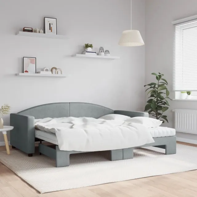 vidaXL Slaapbank onderschuifbed en matrassen 90x190 cm stof lichtgrijs