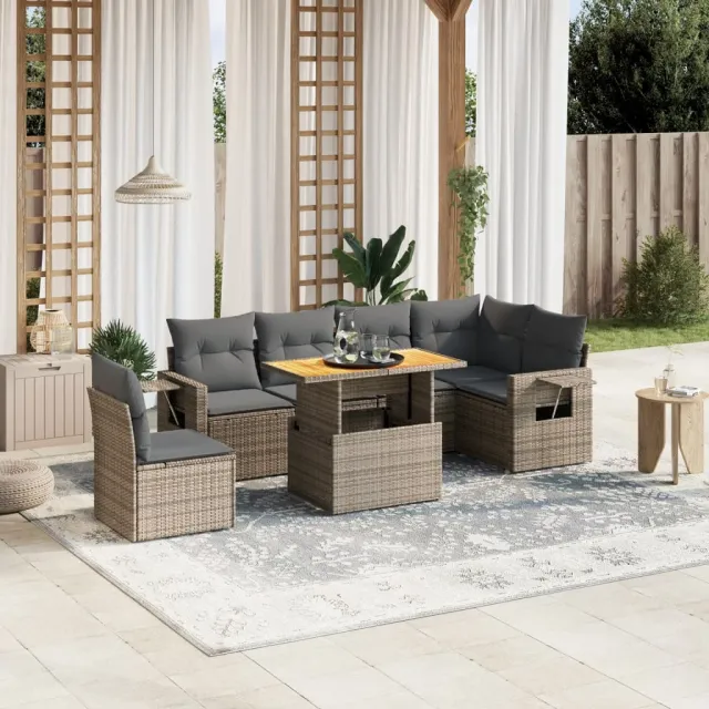 vidaXL 7-delige Loungeset met kussens poly rattan grijs, foto 2