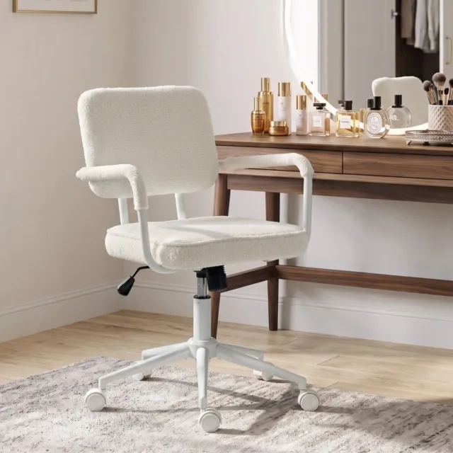 DESMIU Bureaustoel 58 x 62 x 83-93 cm - Draaibaar en in Hoogte Verstelbaar - voor Werkkamer en Kaptafel - Metaal en Sherpastof - Crèmewit Crème wit