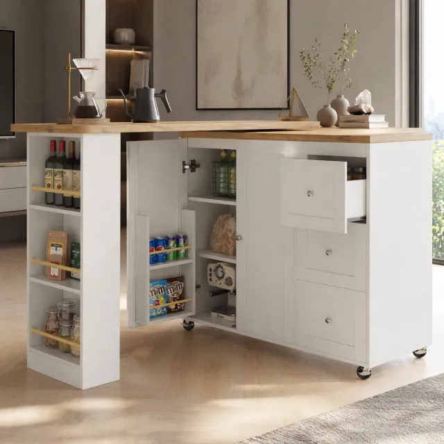 COVREO Bartafel 203x39x106 cm - uitklapbaar, 360° draaibaar, op wielen, wit