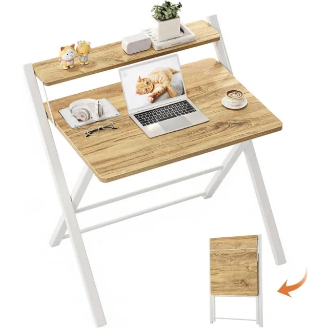GreenForrest Compacte Opvouwbare Tafel 70Cm - Opvouwbare Gaming Tafel Met 2 Niveaus - Mini Laptoptafel Voor Kleine Ruimtes - Schrijftafel Voor Werkplekken - Beige BRUIN WIT