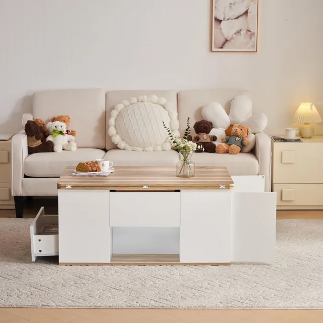 DESMIU Salontafel - Verstelbaar 2 In 1 Design Met Opbergruimte - Voor Woonkamer En Bureau - Spaanplaat - Wit En Natuurlijk Hout - 100x51x47 Cm Houtkleur