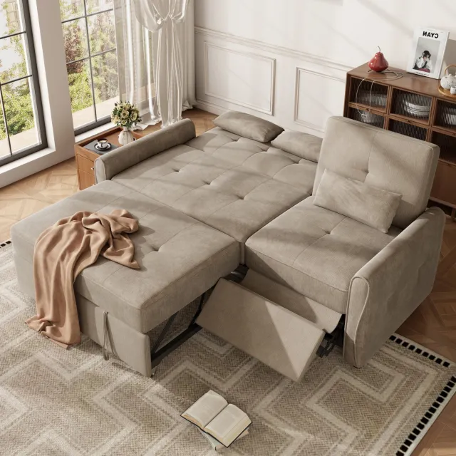 FloraGrace 3-Zits Slaapbank 176 Cm - Uitschuifbare 3-In-1 Slaapfunctie - Verstelbare Rugleuning Voor Woonkamer En Gasten - Chenille - Bruin Beige