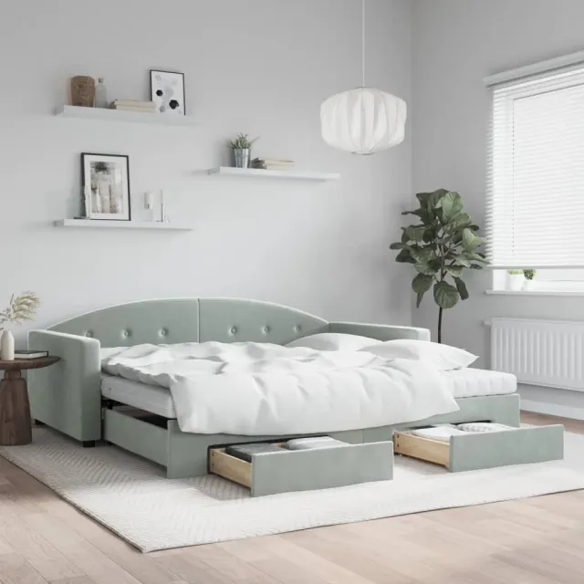 vidaXL Slaapbank onderschuifbed en lades 100x200 cm fluweel lichtgrijs grijs