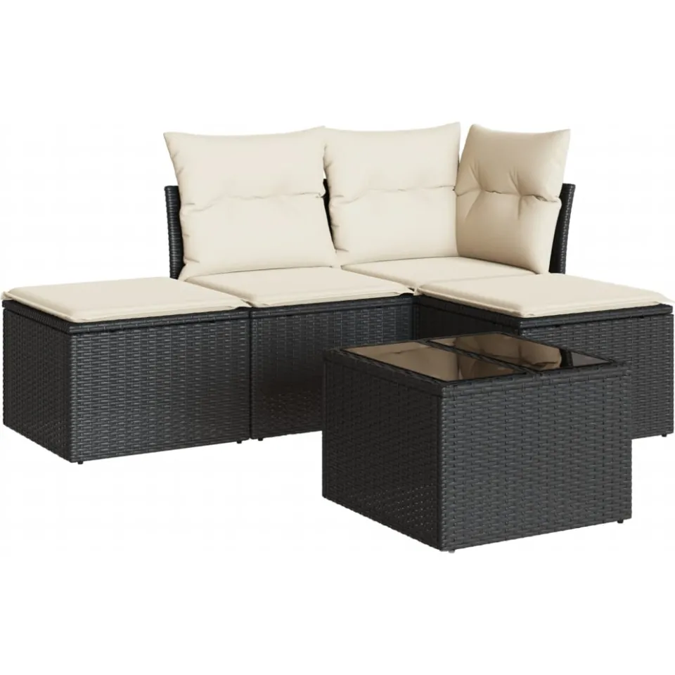 vidaXL 5-delige Loungeset met kussens poly rattan zwart