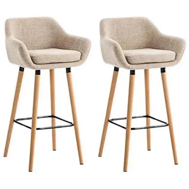 CreateEcom barkrukken - barstoel - set van 2 - kruk met rugleuning en voetsteun - linnen materiaal - massief houten poten - beige