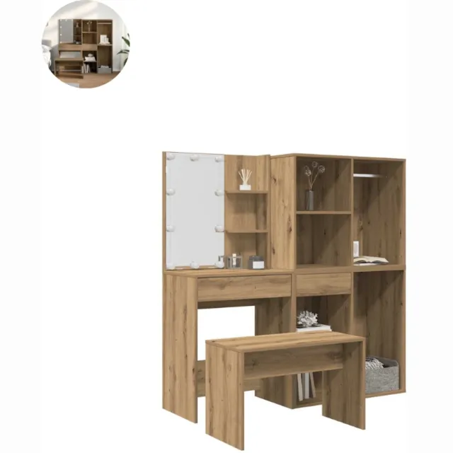 GranMaison Kaptafel met spiegel - Make up tafel - Make up - Toilettafel - Met lades - Met LED-verlichting - Artisanaal Eiken