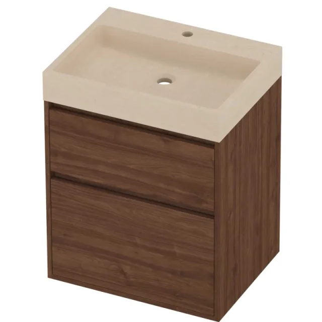 Proline Evoli Badmeubelset Hardsteen Loft 1 Gat 60x46x75 cm Sand Stone Indian Walnut Houtlook