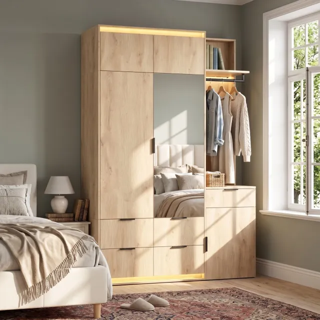 Wishdor Kledingkast met spiegel en LED-verlichting - Twee kledingstangen en 5 laden - Open garderobe en sieradenlade - Slaapkamer hal woonkamer - MDF - Eikenkleurig - 135 x 47 x 200 cm Eikenlook, houtkleur