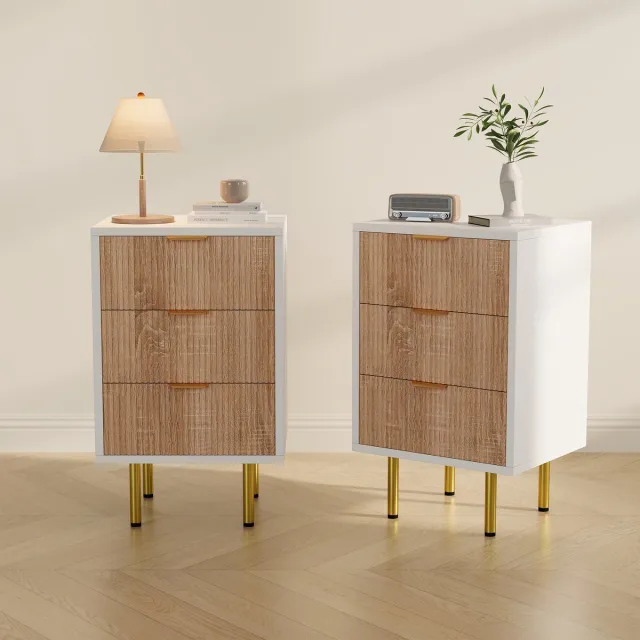 ROSAHQNDA Set van 2 nachtkastjes, nachtkastje met 3 lades, bijzettafel met metalen handgrepen en poten, 40 x 40 x 65 cm, naturel houtkleur en wit