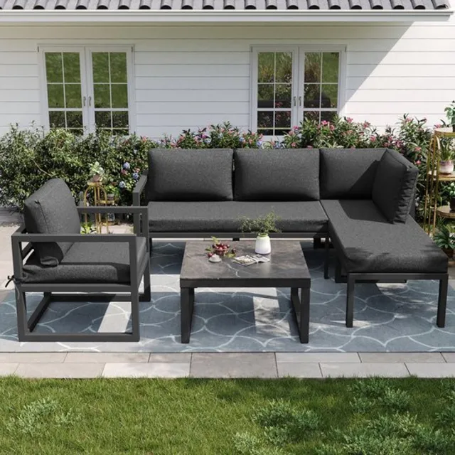 Merax Hoekbank Tuinset met verzinkt ijzeren frame, grijze touw loungeset, verstelbare poten, inclusief kussens Grijs