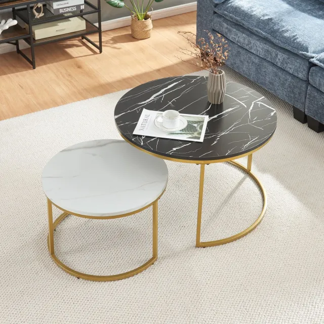 en.casa Salontafel Christchurch rond set van 2 marmer zwart wit en goudkleurig [en.casa] marmer, zwart, wit en goudkleurig
