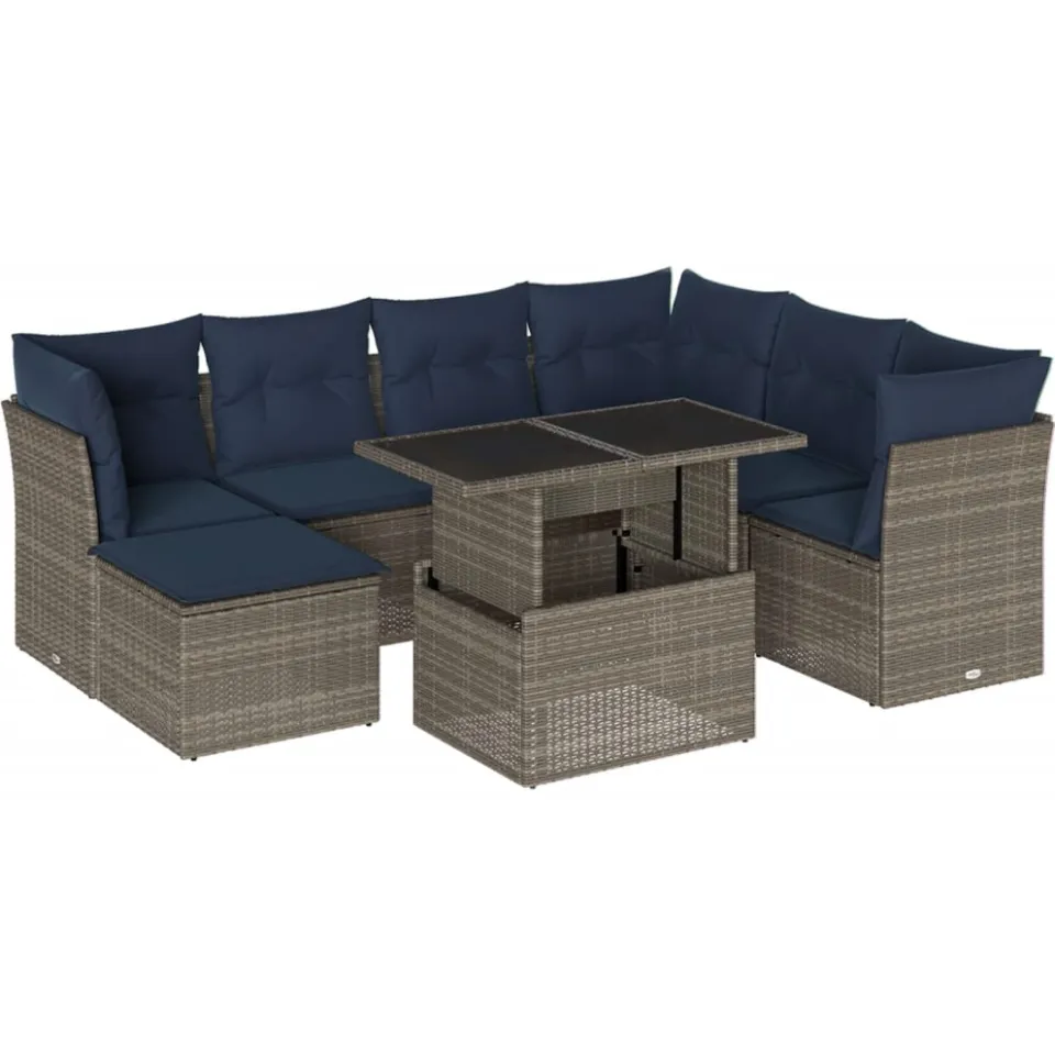 vidaXL 8-delige tuinbankset met kussens, grijs polyrotan, foto 3