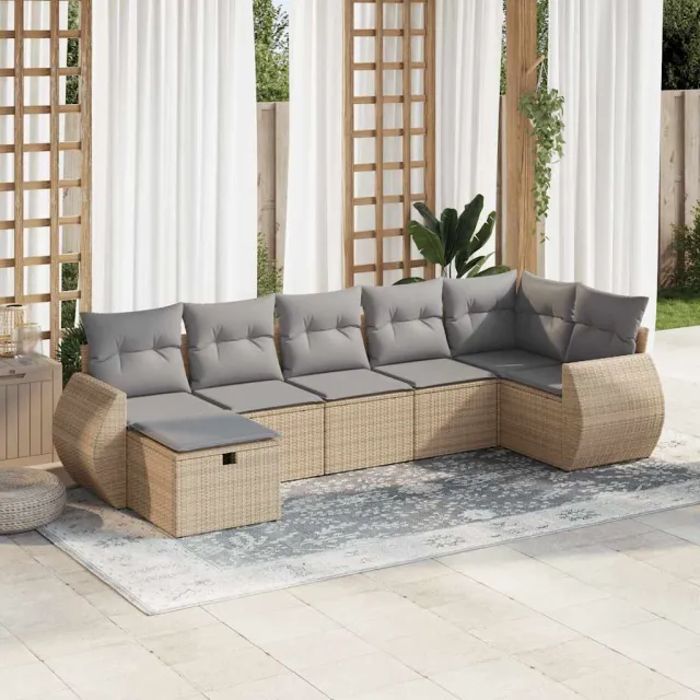 vidaXL 7-delige Loungeset met kussens poly rattan beige, foto 2
