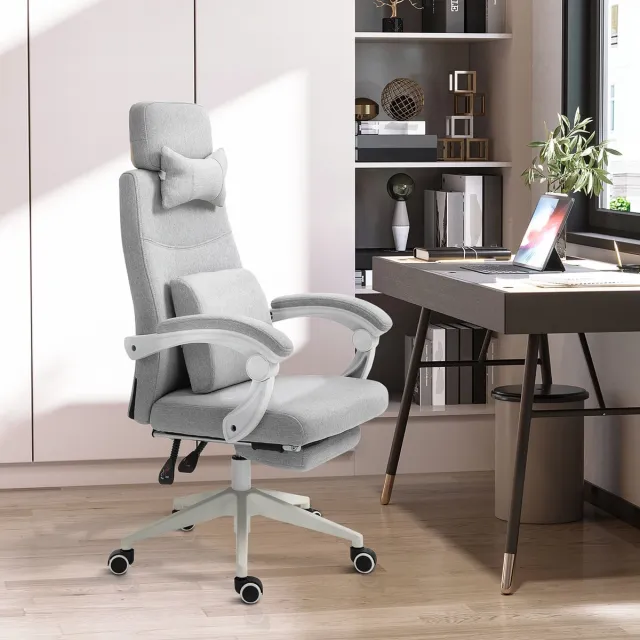 STILVORA Bureaustoel Met Wielen - Ergonomisch Met Voetsteun En Kantelbare Rugleuning - Voor Werk En Ontspanning - Polyester - Grijs