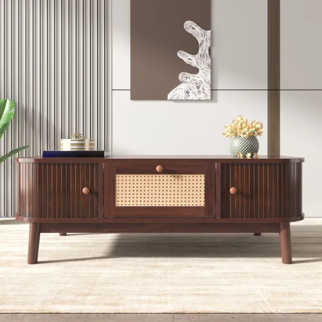 HAUSS SPOLE Salontafel - Met Rotan, Lade En Schuifdeuren - Landelijke Opbergruimte Voor Woonkamer - MDF En Hout - 110x55x38,5 Cm - Naturel