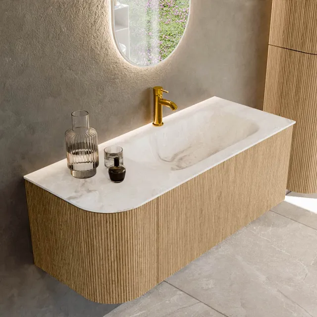 Mondiaz KURVE-DLUX 115 cm Onderkast Greeploos 1 Lade Met Deuren Oak, Wastafel Solid Surface Rechts Frappe 1 Kraangat Zonder Spiegel (KRVBGS115L1L1D1KR-Oak/Fra)