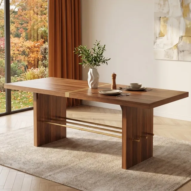 KOMHTOM Eettafel - Walnoot - 180x75 cm - 6-8 Personen - Modern Design - Water- en Krasbestendig - 4 cm Dik Tafelblad - Woonkamer Eetkamer - Gouden Poten - Rechthoekig - Hout MDF - Stijlvol Industrieel