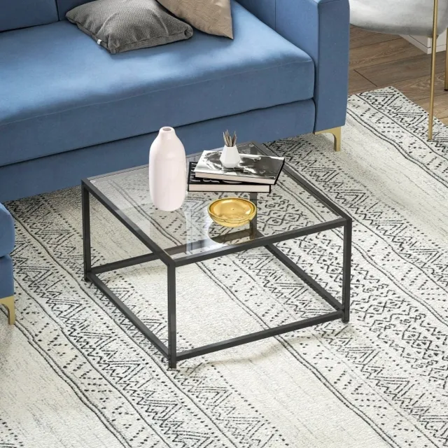 MEUNIQ Bijzettafel vierkant 68 x 68 x 39 cm met zwart stalen frame en tafelblad van gehard glas, industrieel voor woonkamer of slaapkamer Black