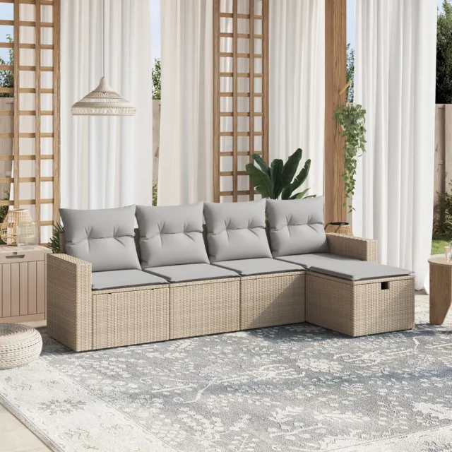 vidaXL 5-delige Loungeset met kussens poly rattan gemengd beige, foto 2