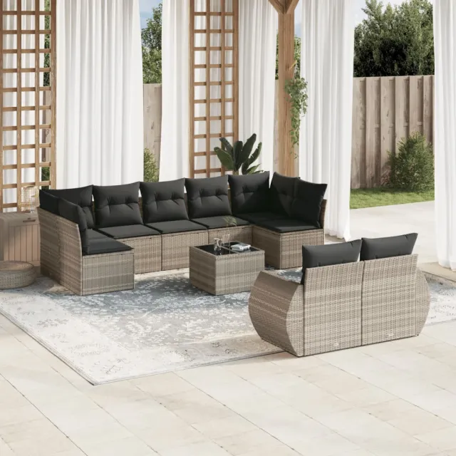 vidaXL 10-delige Loungeset met kussens poly rattan lichtgrijs grijs, foto 2