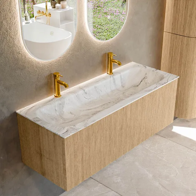 Mondiaz KURVE-DLUX 120 cm Onderkast Greeploos 1 Lade Zonder Deuren Oak, Wastafel Solid Surface Volledig Glace 2 Kraangaten Zonder Spiegel (KRVBGL1201L0D2KM-Oak/Gla)