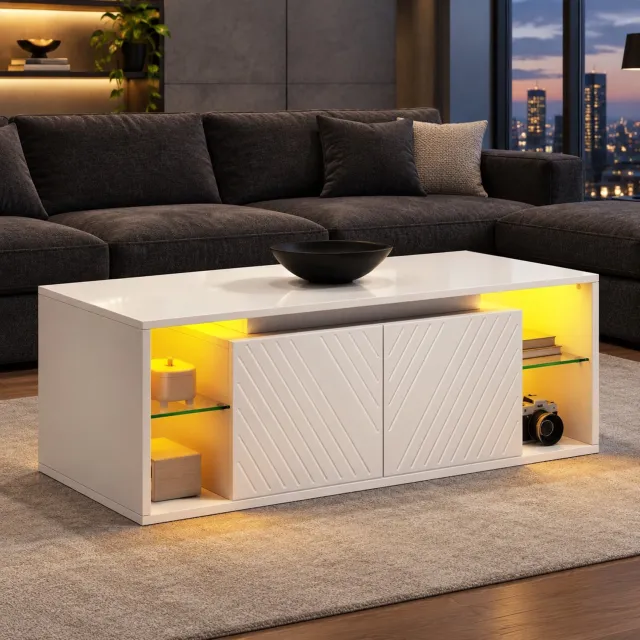 MODENUIT Salontafel - Ledverlichting En 2 Deuren - Voor Woonkamer - Spaanplaat - Wit - 100x50x41 Cm