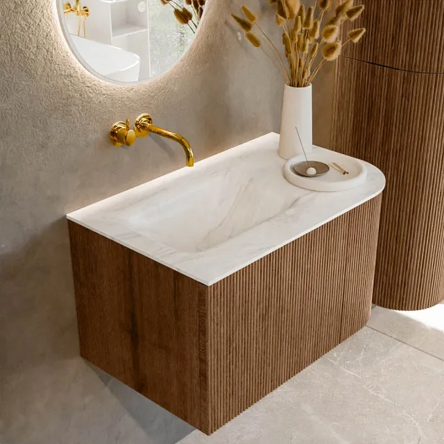 Mondiaz KURVE-DLUX 75 cm Onderkast Greeploos 1 Lade Met Deuren Walnut, Wastafel Solid Surface Links Ostra 0 Kraangaten Zonder Spiegel (KRVGRU75R1L1D0KL-Wal/Ost)