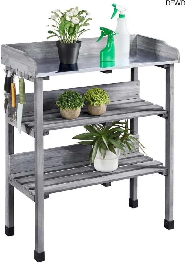 RFWR Weerbestendige Plantentafel met Opbergvakken en Haken - Perfect voor Tuin en Balkon Grijs