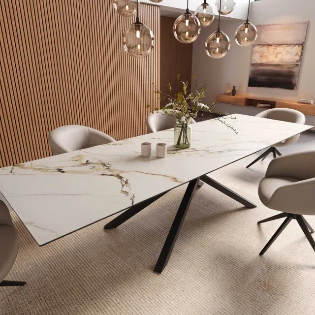 DELIFE Eetkamertafel Edge keramiek Calacatta Luxe wit-goud-grijs 300x100 kruisframe rechthoek zwart Weiß-Gold-Grau