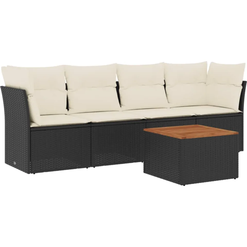 vidaXL 5-delige Loungeset met kussens poly rattan zwart