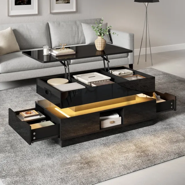 Wishdor Salontafel met verstelbaar tafelblad - Hoogglans met lades en opbergruimte - LED-verlichting en stopcontact - Modern voor woonkamer en thuiswerken - MDF - Zwart - 90 x 48 x 42,5 cm