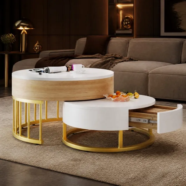 REDOM Salontafel - Set van 2 ronde nesttafels - Verstelbaar tafelblad en lade - Moderne stijl - Woonkamer - MDF en metaal - Wit en goud - 70 x 70 x 56 cm