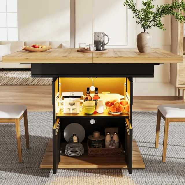 DESMIU Eettafel - Uitschuifbaar Met Opbergruimte En Ledverlichting - Voor Keuken En Eethoek - MDF En Metaal - 110-140x80x76 Cm - Zwart