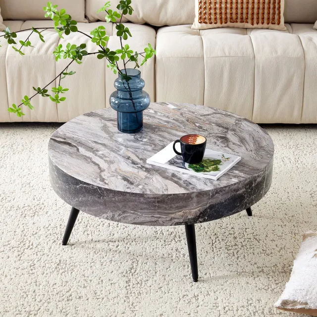 COVREO Salontafel 70 cm, grijze marmerlook MDF, zwarte metalen poten