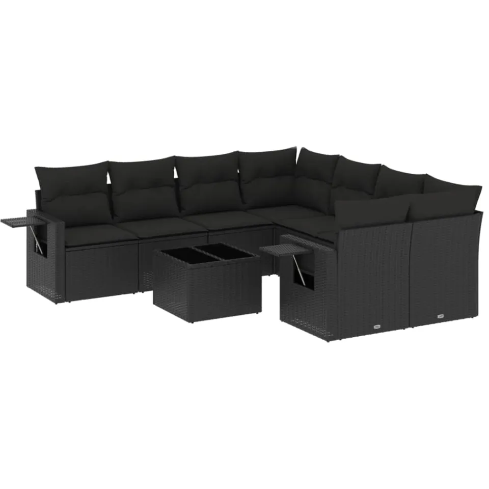vidaXL 9-delige Loungeset met kussens poly rattan zwart, foto 3