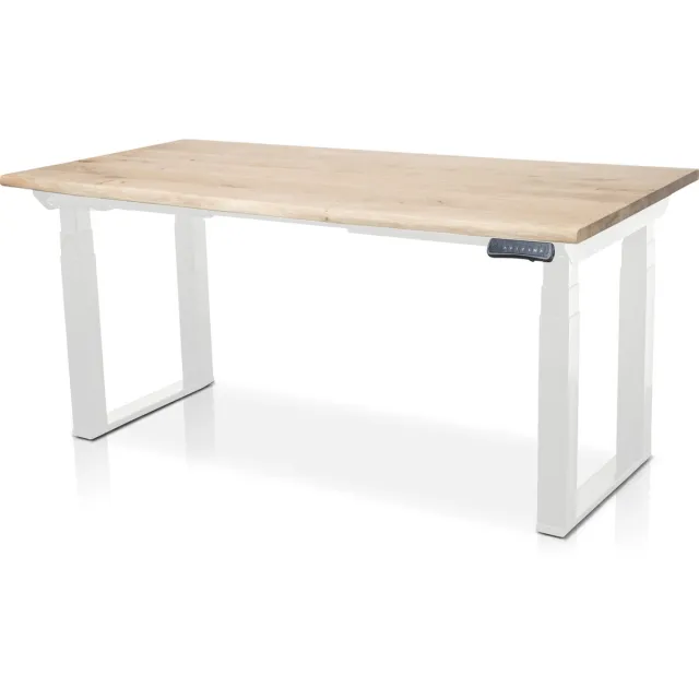 Multi Ratio Zit-sta bureau met massief eiken boomstam blad 180 x 90 cm - MRC PRO Solid NEN-EN 527 - elektrisch verstelbaar - frame wit - 125 cm hoog - 200KG draagvermogen Frame zwart