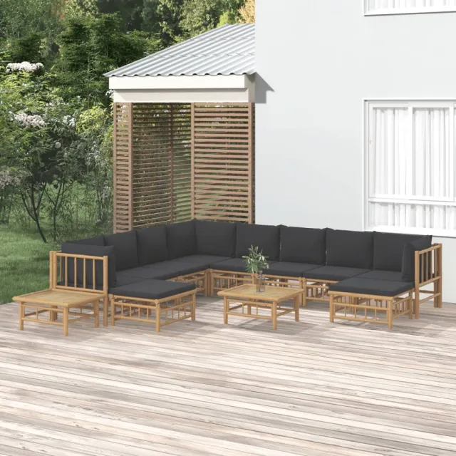 vidaXL 12-delige Loungeset met kussens bamboe donkergrijs Bruin