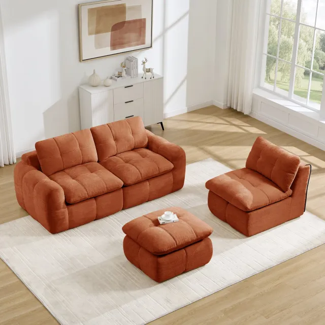 HAUSS SPOLE Hoekbank - Modulaire L-Vormige Bank - Montagevrij Met Ottoman - Voor Woonkamer En Appartement - Chenille Oranje