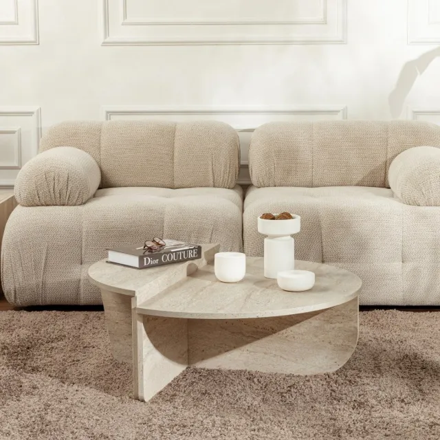 Vente-unique Set van 2 salontafels - Beige travertijneffect - ALOEVA L 90 cm x H 30 cm x D 90 cm
