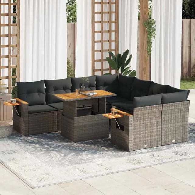 vidaXL 9-delige Loungeset met kussens poly rattan acacia grijs, foto 2