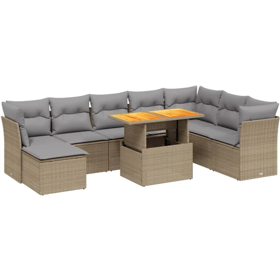 vidaXL 9-delige Loungeset met kussens poly rattan beige