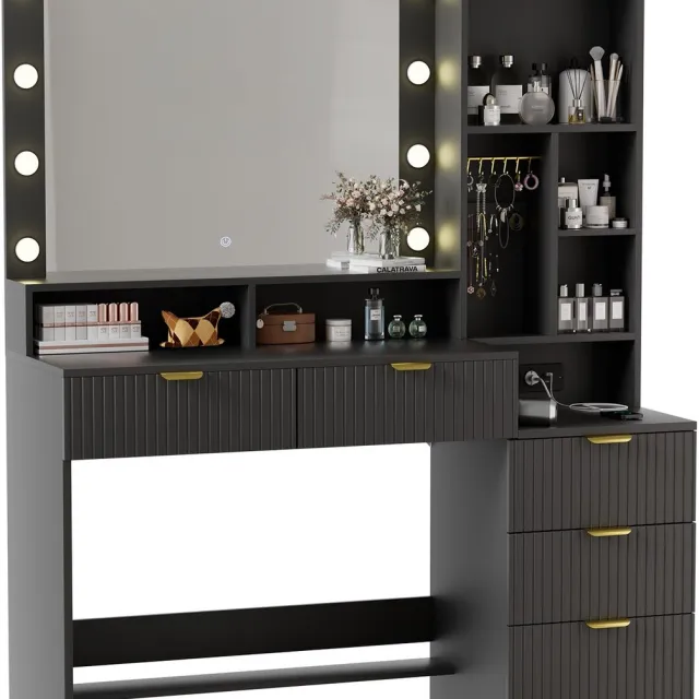 Devoko Kaptafel met Verlichte Spiegel - 114 x 40 x 149 cm - 5 Lades - 10 Lampen met 3 Lichtstanden - 2 USB + USB-C - Zwart
